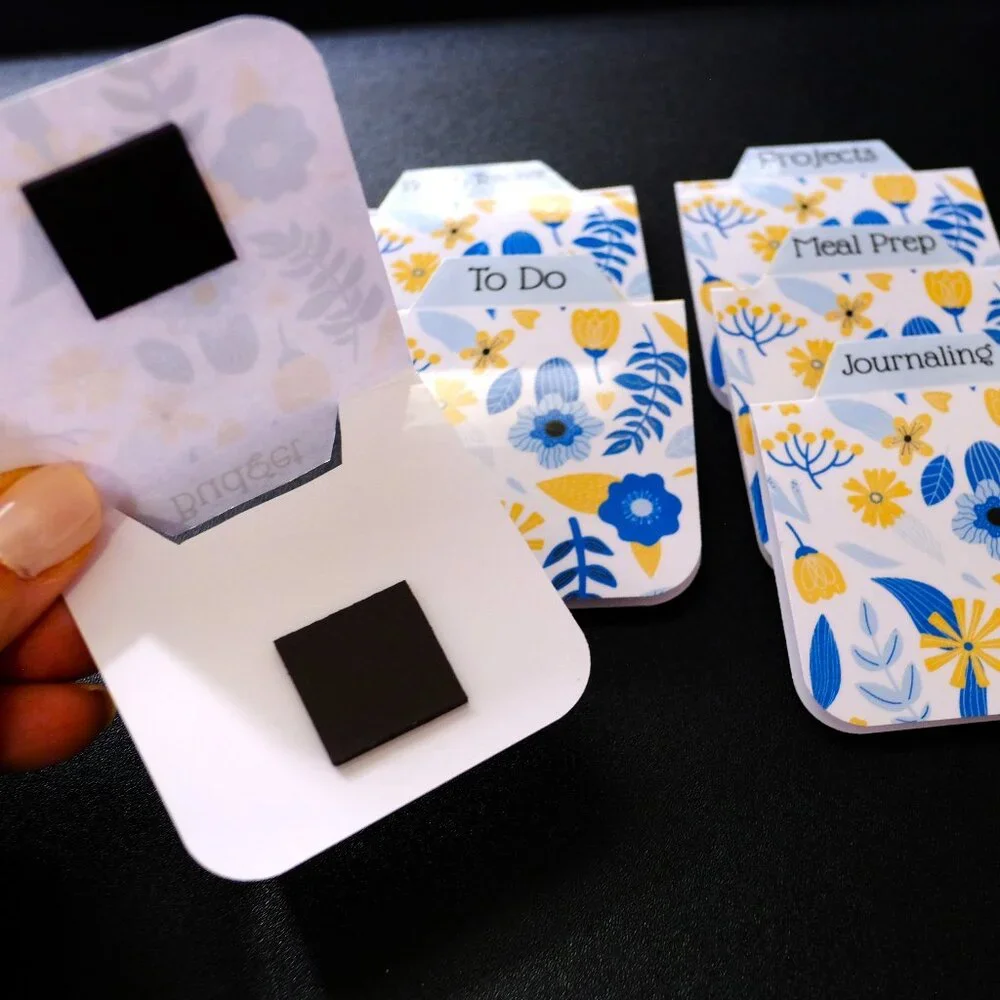 Handmade Magnetic Planner Tabs, journal, dividers, floral, blue, yellow flower